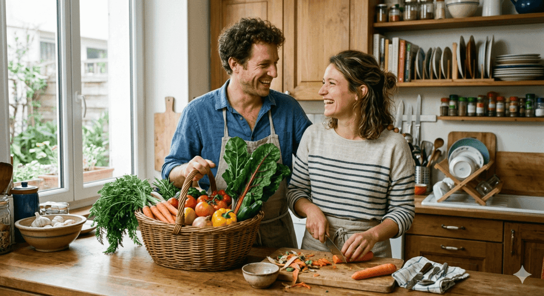 Couple souriant en cuisine avec un panier de légumes frais