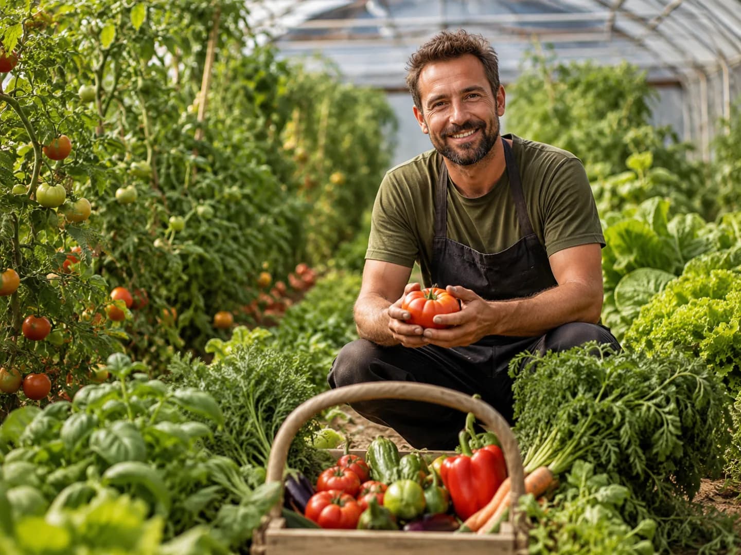 Producteur souriant dans sa serre, présentant ses légumes frais